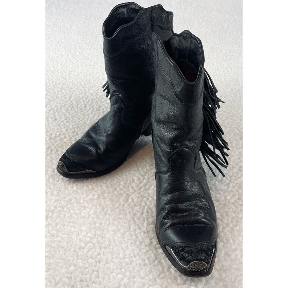 (VTG) ZODIAC • Black Genuine Leather Studded Fringe Western Cowboy Boots, 5.5 - Picture 16 of 16
